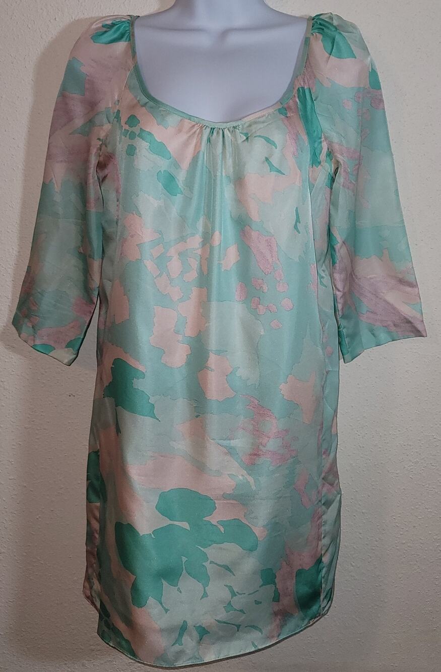 VTG Tara Jarmon Green Pink Retro Shift Mini Dress 38 US M 8 10 100% Silk
